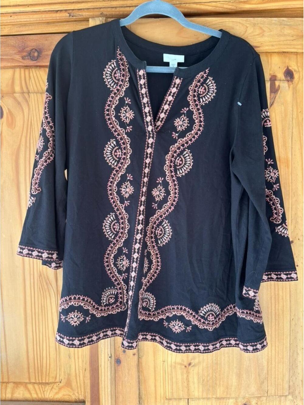 J Jill sz M‎ black embroidery long sleeve V neck boho cotton blend tunic shirtAA